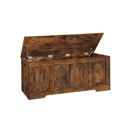 DINZI LVJ Storage Chest, 47.2”Wooden Storage Box with 2 Safety Hinges, Entryway Shoe Bench with Flip-Top, Large Trunk for Living Room, Bedroom, Easy Assembly, Rustic Brown