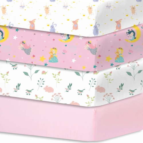 Little Grape Land Crib Sheets for Baby Girls 4 Pack, 28"x 52" Extra Soft Microfiber Crib Sheet Set for Standard Crib & Toddler Mattress Pad, Rabbit & Dreaming in Wonderland & Spring & Pink
