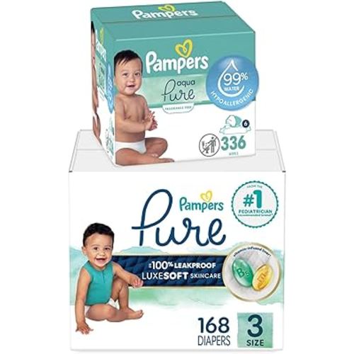 Pampers Pure Protection Disposable Baby Diapers Size 3, 168 Count with Aqua Pure Baby Wipes, 6X Pop-Top Packs (336 Count)