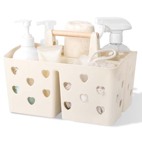 Portable Shower Basket Organizer, Divided Cleaning Caddy with Wooden Handle for Bathroom, Dorm Room, Camping, Beige Color