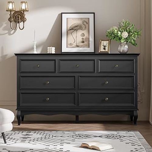 RoyalCraft 7 Drawers Dresser, Black Dresser with Distinctive Wooden Legs & Black Paint Finish, Large Chest of Drawers with Spacious Storage Space for Bedroom, Hallway