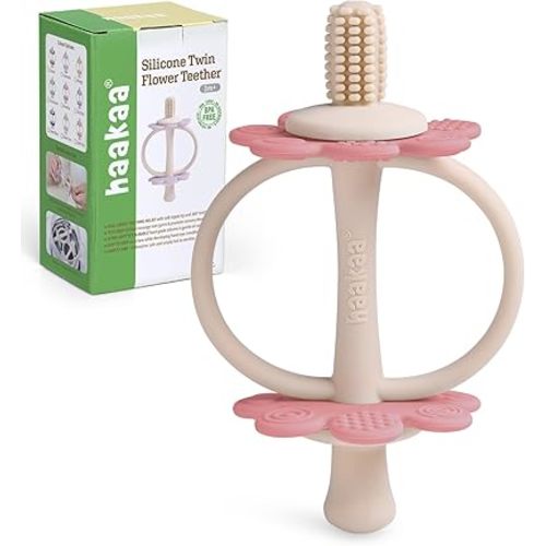 haakaa Silicone Twin Flower Teether,Nipple-Shaped End for Gum Massage,360° Baby Toothbrush Head for Self-Brushing Training,Easy to Grip - Rosehip