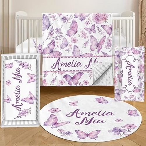 KAINSY Personalized Baby Crib Bedding Set, 4 Pcs Custom Name Nursery Bedding Set for Girls Boys, Purple Butterfly Baby Crib Set for Toddlers Infant, Double Layer Bedding Crib Sets Newborn Shower Gifts
