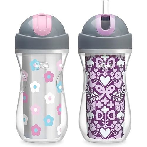 Chicco Flip-Top Straw Cup 9oz | Insulated Toddler Sippy Cup with Soft Silicone Straw | No-Spill Valve | Easy-Clean | BPA-Free | 2pk | For Ages 12+ Months | Dream Pink/Purple