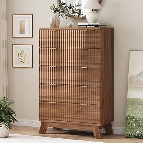 Xixini Fluted Dresser for Bedroom with 6 Drawers, 46" Tall Wooden Chest of Drawers with Metal Handle, Wood Dresser TV Stand, Modern Closet Clothes Storage Organizer for Living Room, Hallway, Walnut