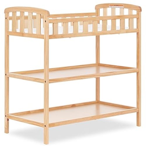 Dream On Me Emily Changing Table, Compact and Lightweight, Solid New Zealand Pinewood, Elevated Safety Rails, Two Storage Shelves, Includes Water-Resistant 1" Changing Pad — White
