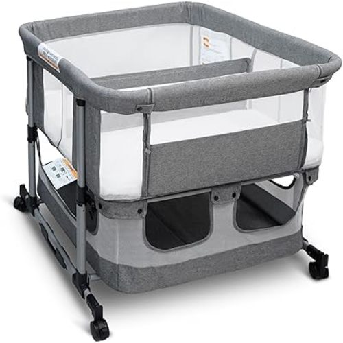 Twin Bassinet for 2 Babies, Double Bassinet for Twins, Rocking Bassinet with Wheels and Storage Basket, Full-Mesh Sides, 5-Height Adjustable, Portable and Stable Baby Crib for Newborns (Standard Grey)