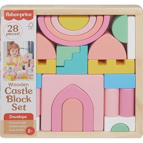 Fisher-Price Wood Toddler Toy Castle Block Set, 28 Wooden Pieces for Stacking Developmental Play Preschool Kids Ages 2+ Years