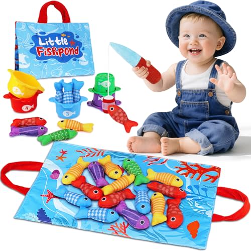 Arovan Montessori Toys for 1 Year Old Boy Girl Birthday Gift - Toddler Toys Cloth Fishing Game with Stacking Cups 1-3 - Number Counting Color Sorting Learning Baby Toy 12-18 Months