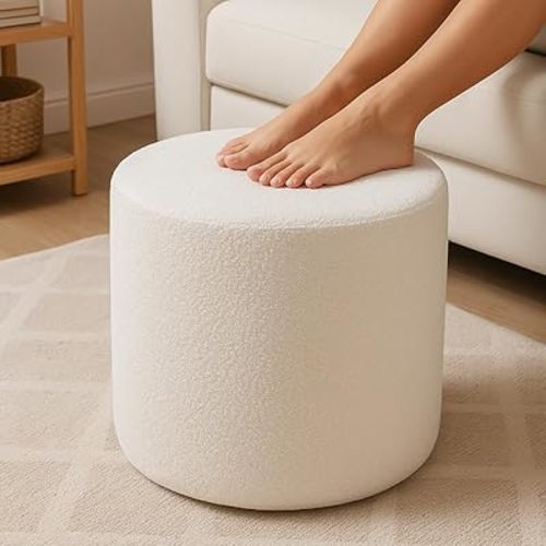 White Round Ottoman Foot Rest Stool – Clean Boucle Fabric Footstool with Soft Foam Filling, Lightweight Modern Pouf for Minimalist Living Room, Bedroom, Office – Pure White
