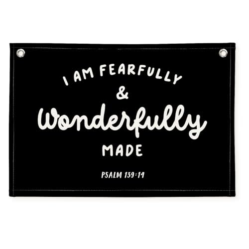 Wheatwin Kids Room Decor - Bible Verse Wall Hanging, 'I am Fearfully and Wonderfully Made' Linen Banner, Canvas Decoration for Classroom, Nursery - Black