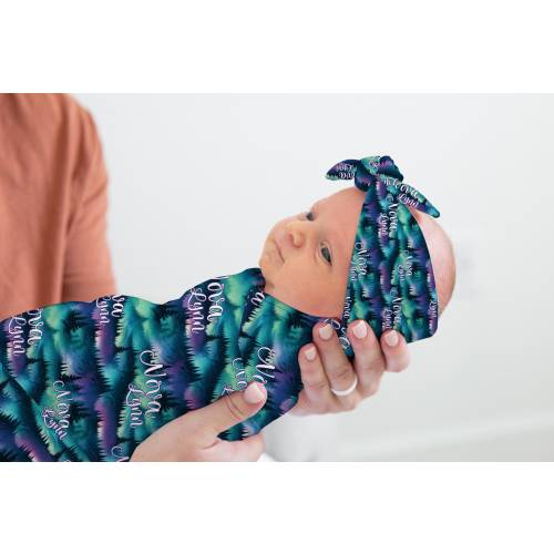 Northern Lights Girl Swaddle Set, Aurora Swaddle, Northern Lights Nursery Theme, Night Sky Blanket,  Mountain Forest Swaddle T74