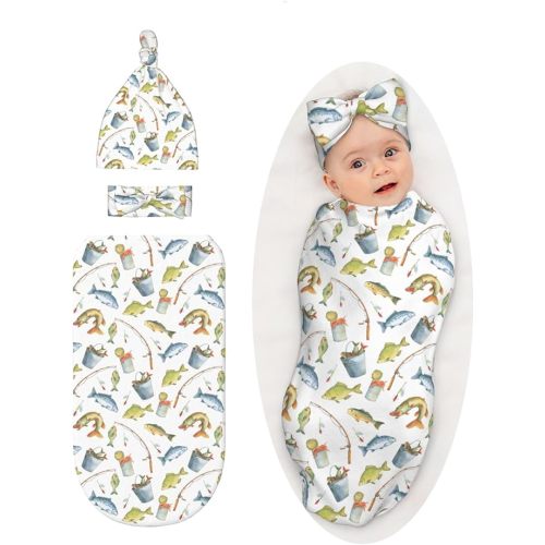 Vintage Bass Fishes Fishing Baby Swaddle Blanket with Headband and Beanie Set, Soft Newborn Swaddle Sacks Outfit Infant Shower Gift for Boys Girls