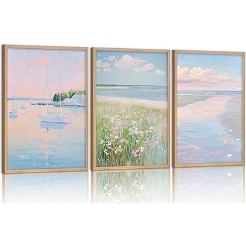 3Pcs Framed Pink Beach Wall Art Pastel Coastal Canvas Wall Decor White sailboat Pictures Preppy Summer Beachy Posters Ocean Wildflowers Painting Print Artwork for Beach House Bedroom Dorm Apartment