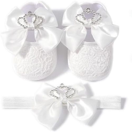 Newbron Baby Girls Mary Jane Shoes with Headband Soft Sole Anti-skidding Crown Bowknot Lace Princess Flats Infant Shower Wedding Dress Crib Shoes