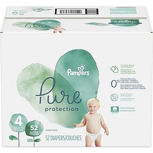 Diapers Size 4, 52 Count - Pampers Pure Protection Disposable Baby Diapers, Hypoallergenic and Unscented Protection, Super Pack (Old Version)