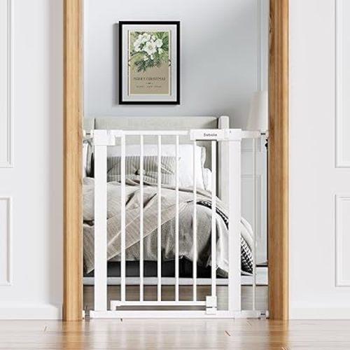 Babelio Baby Gate for Doorways and Stairs, 26-31" Pet Gate with Wide Walk Thru Door and Lock Indicator, No Drill Pressure Mounted Safety Gate with Double Lock and Self-Closing, White