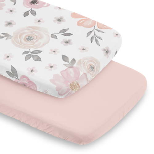 Sweet Jojo Designs Watercolor Floral Pink Grey and White Baby Bassinet Fitted Sheets 2 Piece Set