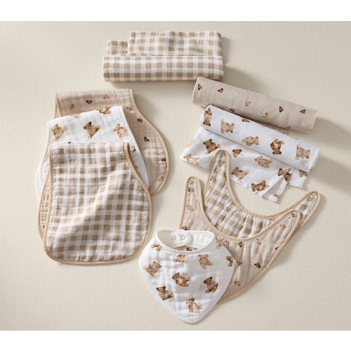 Teddy Bear Organic Muslin Bib, Burp & Swaddle Set