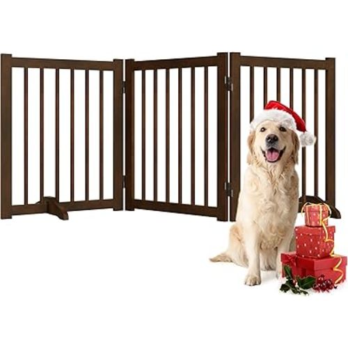 Indoor Dog Gate,Wooden Freestanding Dog Gate for Stairs or Doorways-3 Panels 24" - Folding Solid Wood Safety Pet Fence with 2 Support Feet-Walnut Color