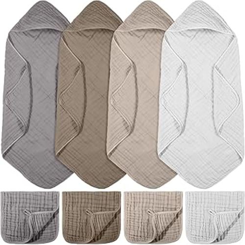 VitalCozy 8 Pcs Baby Muslin Hooded Bath Towels and Washcloths Muslin Cotton Hooded Baby Towels Absorbent Blankets for Gift Newborn Infant Shower (32 x 32 Inch,Neutral Colors)