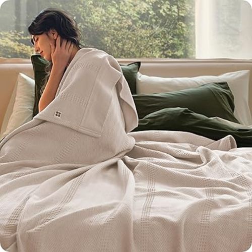 Bedsure 100% Certified Organic Cotton Blanket - King Size, Soft & Breathable Luxury Blankets for Bed, All Seasons Waffle & Herringbone PureWoven Textured Thermal Blanket for Adults, Kids, Beige