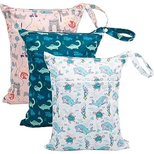 babygoal Wet Dry Bags 3 Pack for Baby Cloth Diapers, Washable Travel Bags, Beach, Pool, Gym Bag for Swimsuits & Wet Clothes with Two Zippered Pockets 3LN17