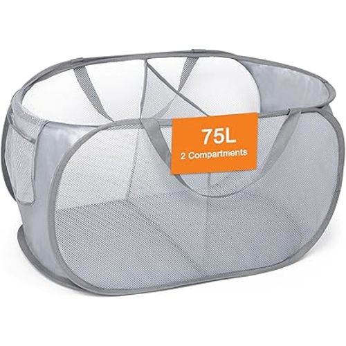Sturdy Collapsible Laundry Baskets, Foldable Pop Up Laundry Hamper, Durable 2 Compartments Laundry Basket, Handy Pocket & Easy to Sort Clothes Hampers for Laundry, Dorm, Kids Room, Travel Grey