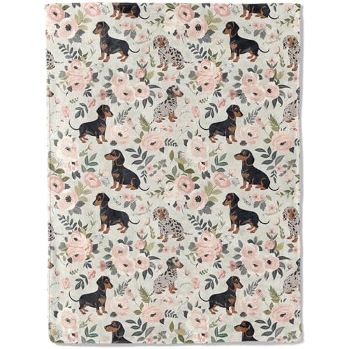 Floral Dachshund Flannel Blanket - Adorable Puppy and Pastel Flower Throw,Gifts for Women & Dog Lovers, Ultra Soft & Warm,Lightweight,for Couch Bedroom Living Room Boho Decor 50x60in