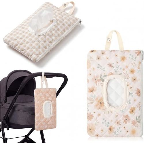3 Pcs Boho Quilted Baby Wipes Pouch Portable Diaper and Wipe Holder Vintage Floral Plaid and Sun Refillable Wipe Container for New Parents Stroller Car Infant Nursery Travel Supplies