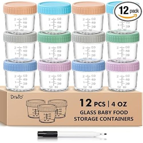 DRKIO 12 pcs Baby Food Storage Containers 4 Oz Small Glass Jars with Lids