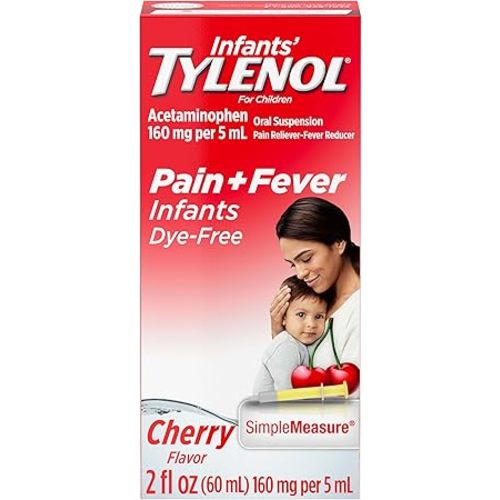 Infants’ Tylenol Dye Free Acetaminophen, Free of Alcohol, Aspirin and Ibuprofen, Oral Suspension, Pain Relief, Fever Reducer, Includes SimpleMeasure Dosing Syringe, Cherry Flavor, 2 Fl Oz