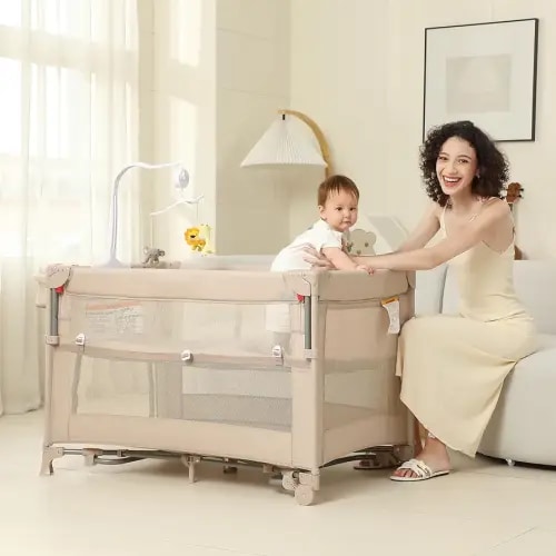 5 in 1 Pack and Play, Baby Bassinet Bedside Sleeper, Baby Playard, Bedside Crib with Changing Table, Foldable Travel Playard for Newborn to Toddles (Beige)