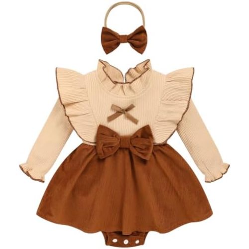 Baby Girls Romper Dress Long Sleeve Ruffle Ribbed Knit Fall‑Winter Bodysuit