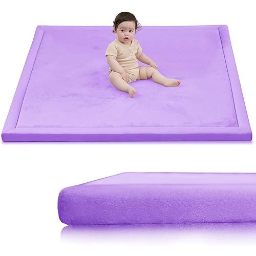 Baby Play Mat for Floor,1.3" Thick Elasti-Foam 50x50 Playpen Mat for Toddlers Infant kids,Water-Repellent Soft Coral Velvet for Tummy Time,Non-Slip Backing for Crawling,Tatami Style(Lavender)
