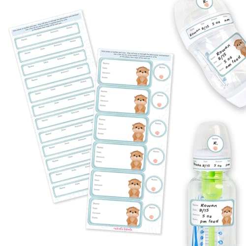 Mabel’s Labels Baby Bottle Labels – 24 Customizable Write-and-Wipe Name Labels for Daycare, Milk Storage & Bottles – Reusable, Dishwasher, Sterilizer & Microwave Safe – Baby Otter