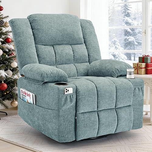 Adult 360° Swivel Rocking Recliner, Baby Room Glider Recliner with Massage and Heating, Rocking Chair with Cup Holder, Living Room and Bedroom Manual Chair (Fabric, Lake Blue)