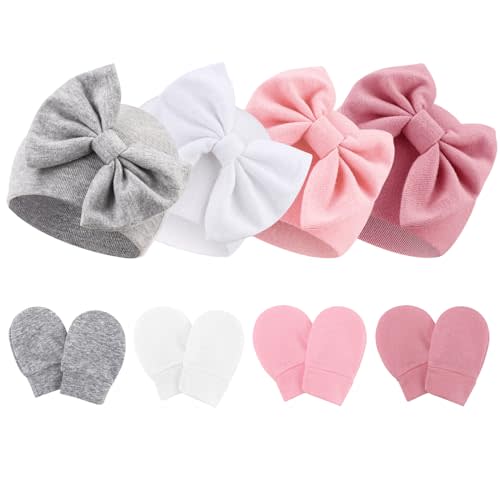 Newborn Baby Hats and Mittens Set Infant Bow Beanie Cap Toddler Gloves Newborn Hospital Hats for Baby Boy Girl 0-6 Months