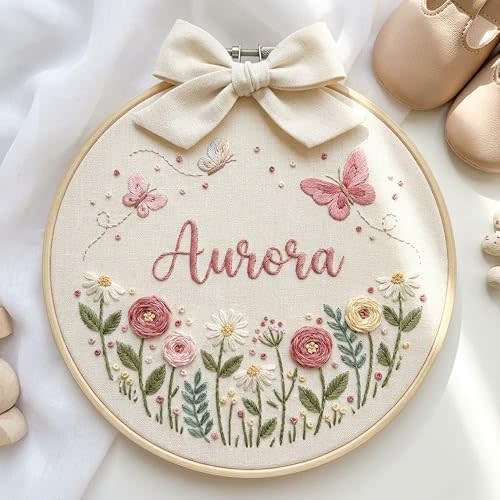 Personalized White Flowers Embroidered Baby Announcement Sign, Custom Embroidery Hoop for Newborn, Baby Photography Props for Girls, Nursery Wall Decor, Mothers Day Gifts for New Mom