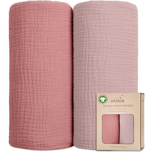 Organic Cotton Baby Muslin Blanket - Breathable, Large 47x47 inches for Baby Swaddle Blanket Hypoallergenic Muslin Baby Blankets, Versatile, Double Layer (Rose/Peach)
