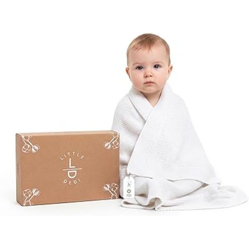 100% Organic Cotton Baby Knitted Blanket with Gift Box - Soft Toddler, Crib, Stroller Blanket - Neutral Swaddle and Receiving Blanket for Newborns, 30"x40", White