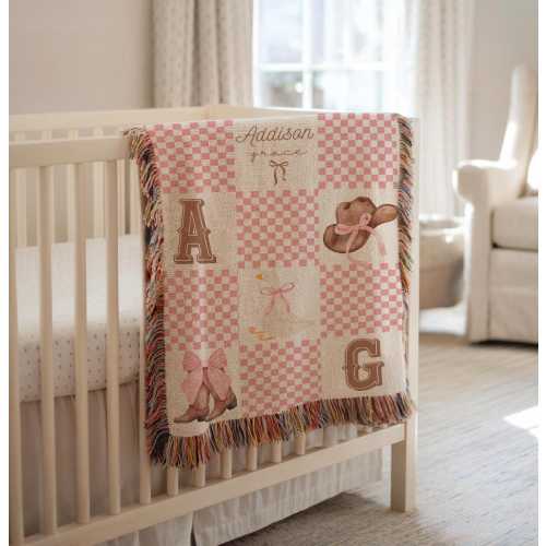 Goose Baby Blanket Girl with Name, Western Nursery Decor, Cotton Woven Fringe Blanket, Farm Nursery Bedding Storybook Baby Blanket, Heirloom