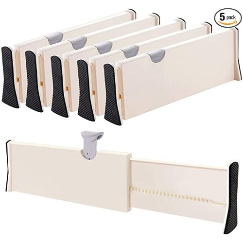 Drawer Dividers Organizer 5 Pack, Adjustable Separators 4" High Expandable from 11-17" for Bedroom, Bathroom, Closet,Clothing, Office, Kitchen Storage, Strong Secure Hold, Foam Ends, Locks in Place - Beige - 4" Tall, 11"-17" Long, 5 Pack