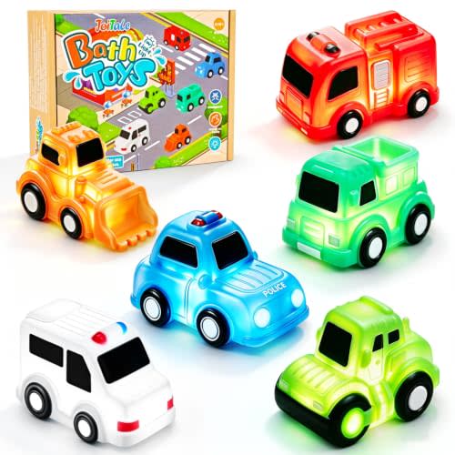 Baby Bath Toys, 6 Pack Light Up Cars Bath Toys for 1 2 3 Year Olds | No Hole No Mould Bathtub Toy, Flashing LED Sensory Toy for Toddlers, Bath Time Shower Gifts for Boys and Girls 1+ Year Old