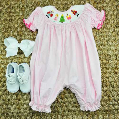 Nutcracker Smocked Christmas Bubble in Pink - Heirloom Girl Romper, Vintage Style, Matching Sibling 682 *B