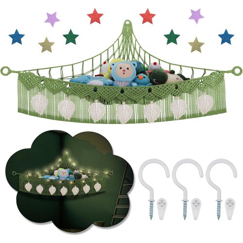 Stuffed Animal Hammock Corner, 56'' Jumbo Large Ceiling Wall Hanging Storage Net, Macrame Plush Net Organizer for Kid Room Nursery Decor, Purple Teddy Plush Display Net w/LED Star Light for Girl Boy
