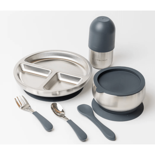 3-Piece | Mealtime Set 18/8 Grade Stainless Steel Bowl, Plate and Sippy Cup Bottle (210ml)
