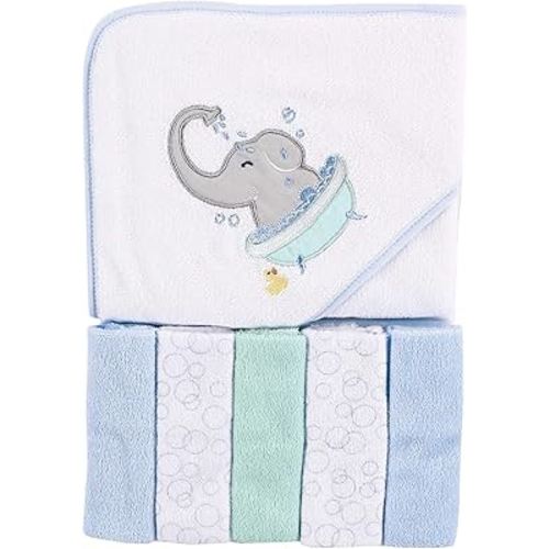Luvable Friends Unisex Baby Hooded Towel with Five Washcloths, Elephant Bath, One Size