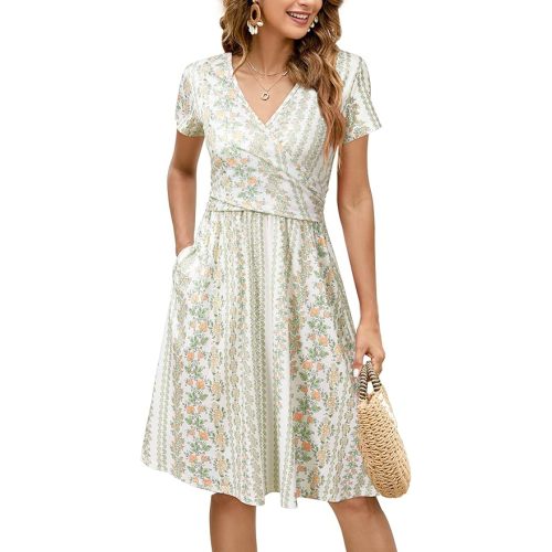 Maternity Nursing Dress Breastfeeding Short Sleeve V Neck Casual Pregnancy Clothes with Pockets