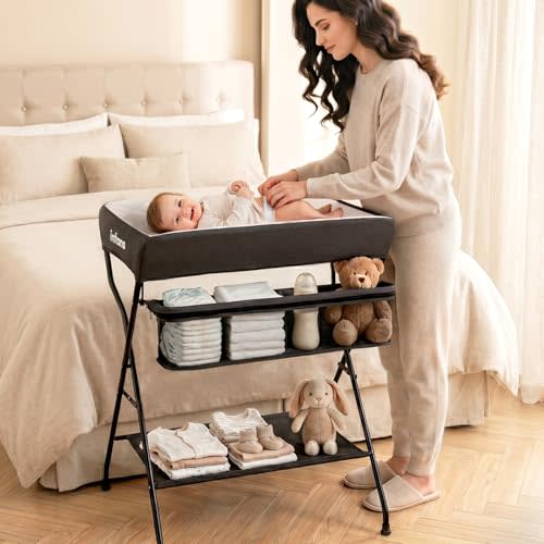INFANS Baby Changing Table, Folding Diaper Station Portable Nursery Organizer with Safety Belt and Large Storage Racks for Newborn Baby and Infant (Black)
